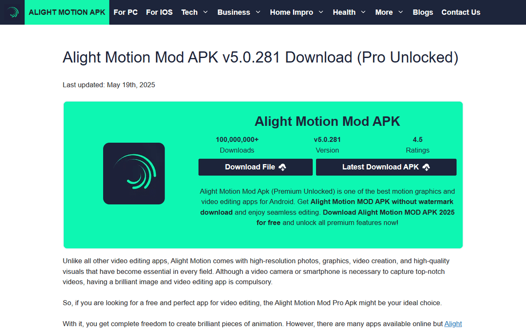 alightmotionmodpro.com publisher screenshot