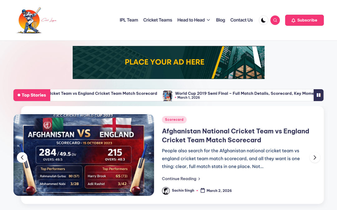 cricketleaguestats.com publisher screenshot